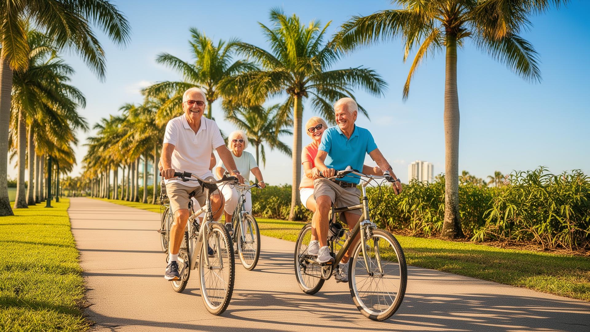 Happy Florida seniors riding bicycles together on a sunny palm-lined path